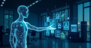 Representação gráfica de um agente de IA interagindo com sistemas empresariais em um ambiente digital moderno